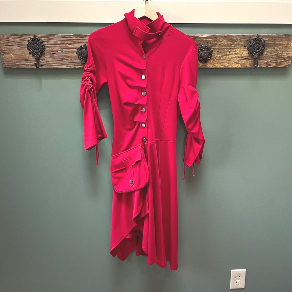 Connie K Red Avant‎ Garde Asymmetrical Midi Dress Mock Neck Ruched Sleeve Small